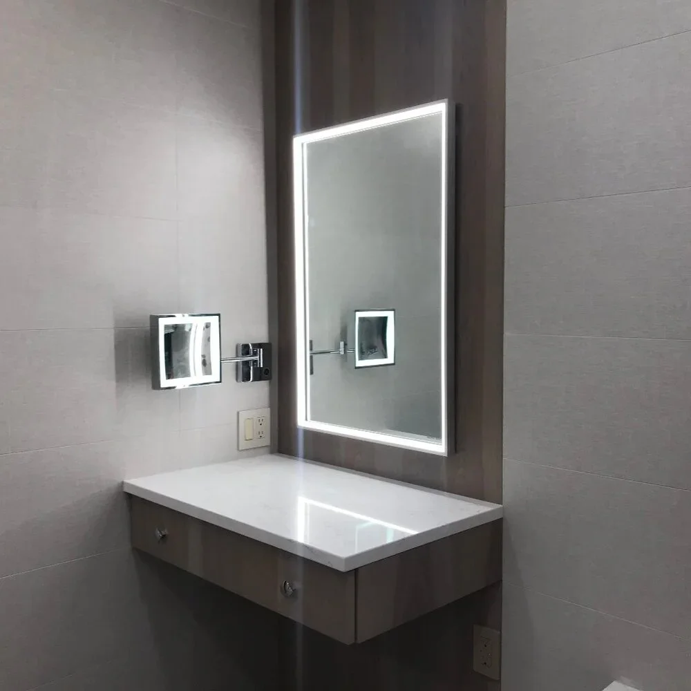 Magnified Make Up Mirror with LED Frame & articulated arm. For wall mounting.
